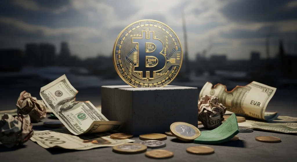 Um símbolo de Bitcoin dourado e forte em um pedestal, cercado por notas e moedas de dinheiro tradicional amassadas e rasgadas, em um cenário de ruínas urbanas.