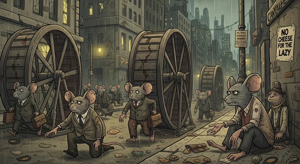 Desenho de uma cidade suja, cinzenta e chuvosa, habitada por ratos antropomórficos. Eles correm em rodas de exercícios gigantes, vestindo ternos surrados e carregando maletas. Os rostos são tristes e sem vida, simbolizando a opressão do sistema capitalista. Alguns ratos mendigos estão sentados na calçada.